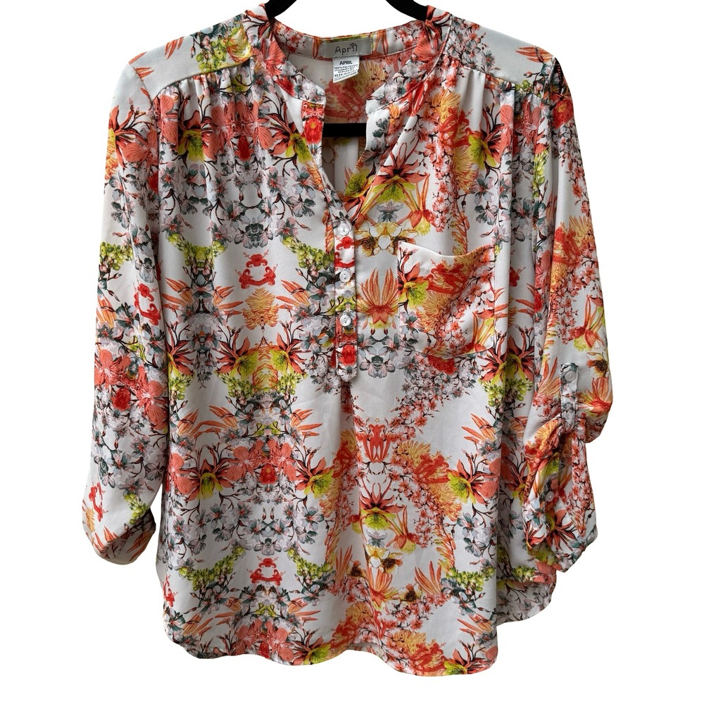 April Boho Garden Party Floral Split Neck Roll Tab Sleeve Tunic Blouse Orange XL